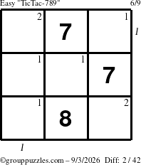 The grouppuzzles.com Easy TicTac-789 puzzle for Thursday September 3, 2026 with all 2 steps marked