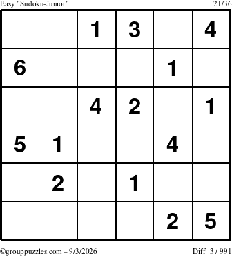 The grouppuzzles.com Easy Sudoku-Junior puzzle for Thursday September 3, 2026