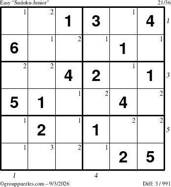 The grouppuzzles.com Easy Sudoku-Junior puzzle for Thursday September 3, 2026 with all 3 steps marked