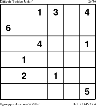 The grouppuzzles.com Difficult Sudoku-Junior puzzle for Thursday September 3, 2026