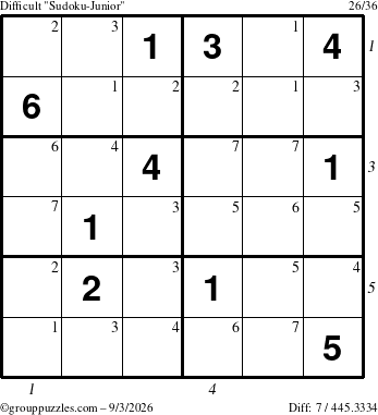 The grouppuzzles.com Difficult Sudoku-Junior puzzle for Thursday September 3, 2026, suitable for printing, with all 7 steps marked