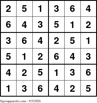 The grouppuzzles.com Answer grid for the Sudoku-Junior puzzle for Thursday September 3, 2026