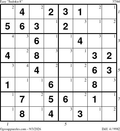 The grouppuzzles.com Easy Sudoku-8 puzzle for Thursday September 3, 2026, suitable for printing, with all 4 steps marked