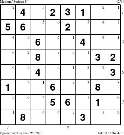 The grouppuzzles.com Medium Sudoku-8 puzzle for Thursday September 3, 2026 with all 8 steps marked