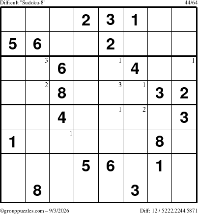 The grouppuzzles.com Difficult Sudoku-8 puzzle for Thursday September 3, 2026 with the first 3 steps marked