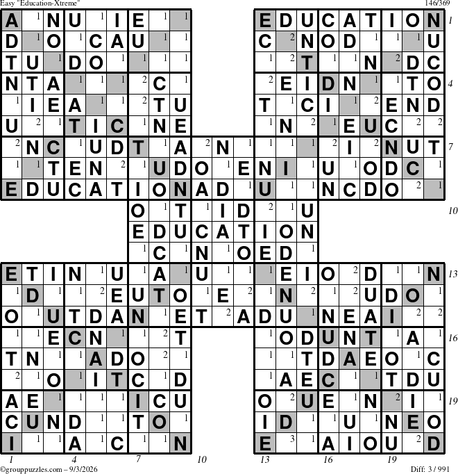 The grouppuzzles.com Easy Education-Xtreme puzzle for Thursday September 3, 2026, suitable for printing, with all 3 steps marked