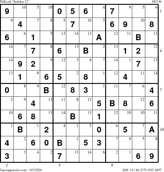 The grouppuzzles.com Difficult Sudoku-12 puzzle for Thursday September 3, 2026, suitable for printing, with all 14 steps marked