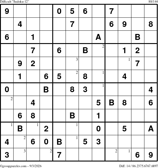 The grouppuzzles.com Difficult Sudoku-12 puzzle for Thursday September 3, 2026 with the first 3 steps marked
