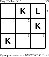 The grouppuzzles.com Easy TicTac-JKL puzzle for Sunday March 29, 2026 with all 2 steps marked