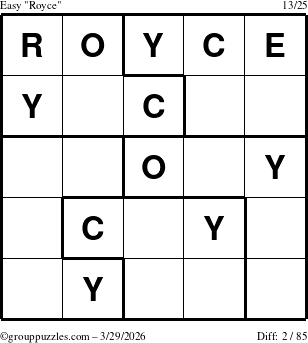 The grouppuzzles.com Easy Royce puzzle for Sunday March 29, 2026