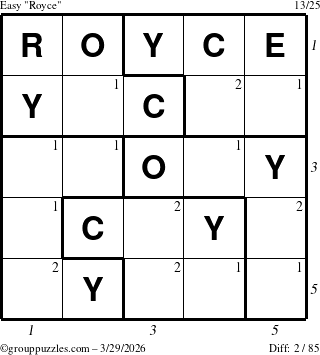 The grouppuzzles.com Easy Royce puzzle for Sunday March 29, 2026 with all 2 steps marked