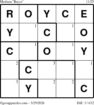 The grouppuzzles.com Medium Royce puzzle for Sunday March 29, 2026 with the first 3 steps marked
