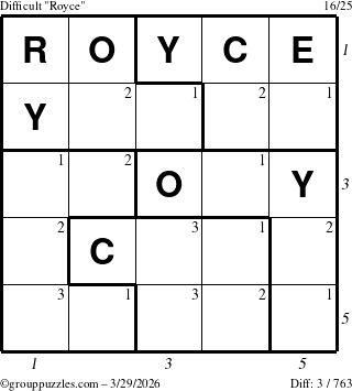 The grouppuzzles.com Difficult Royce puzzle for Sunday March 29, 2026 with all 3 steps marked