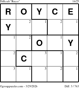 The grouppuzzles.com Difficult Royce puzzle for Sunday March 29, 2026 with the first 3 steps marked