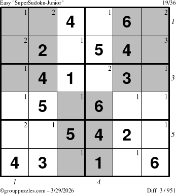 The grouppuzzles.com Easy SuperSudoku-Junior puzzle for Sunday March 29, 2026 with all 3 steps marked