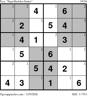 The grouppuzzles.com Easy SuperSudoku-Junior puzzle for Sunday March 29, 2026 with the first 3 steps marked