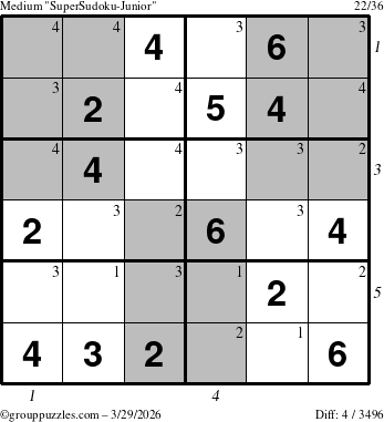 The grouppuzzles.com Medium SuperSudoku-Junior puzzle for Sunday March 29, 2026 with all 4 steps marked