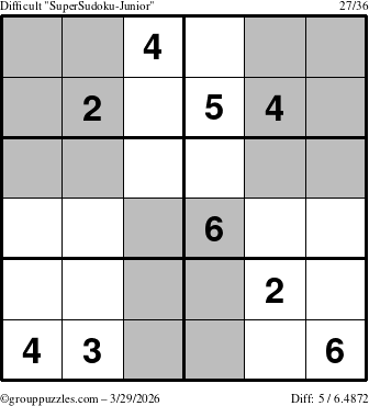 The grouppuzzles.com Difficult SuperSudoku-Junior puzzle for Sunday March 29, 2026