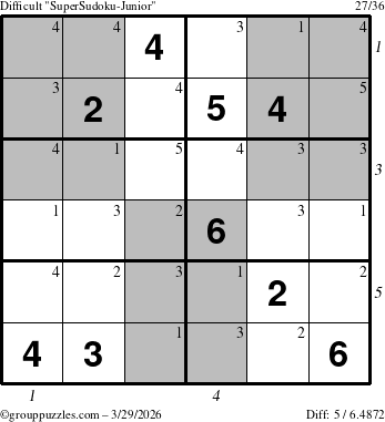 The grouppuzzles.com Difficult SuperSudoku-Junior puzzle for Sunday March 29, 2026 with all 5 steps marked