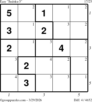 The grouppuzzles.com Easy Sudoku-5 puzzle for Sunday March 29, 2026, suitable for printing, with all 4 steps marked