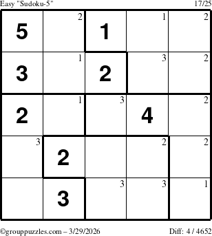 The grouppuzzles.com Easy Sudoku-5 puzzle for Sunday March 29, 2026 with the first 3 steps marked