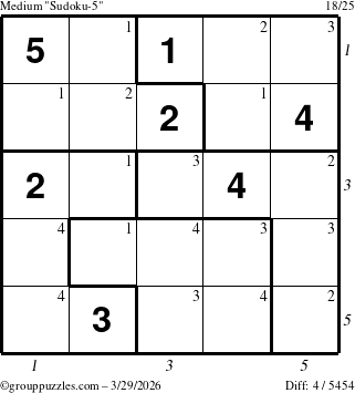 The grouppuzzles.com Medium Sudoku-5 puzzle for Sunday March 29, 2026, suitable for printing, with all 4 steps marked