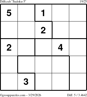 The grouppuzzles.com Difficult Sudoku-5 puzzle for Sunday March 29, 2026