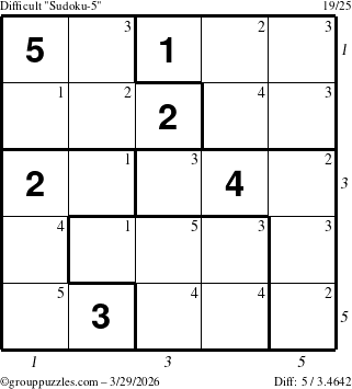 The grouppuzzles.com Difficult Sudoku-5 puzzle for Sunday March 29, 2026, suitable for printing, with all 5 steps marked