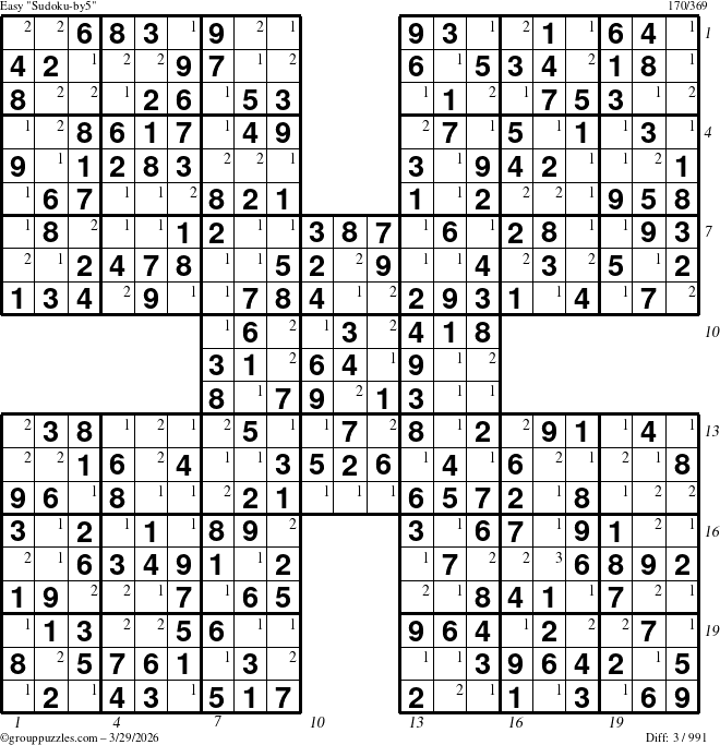 The grouppuzzles.com Easy Sudoku-by5 puzzle for Sunday March 29, 2026, suitable for printing, with all 3 steps marked