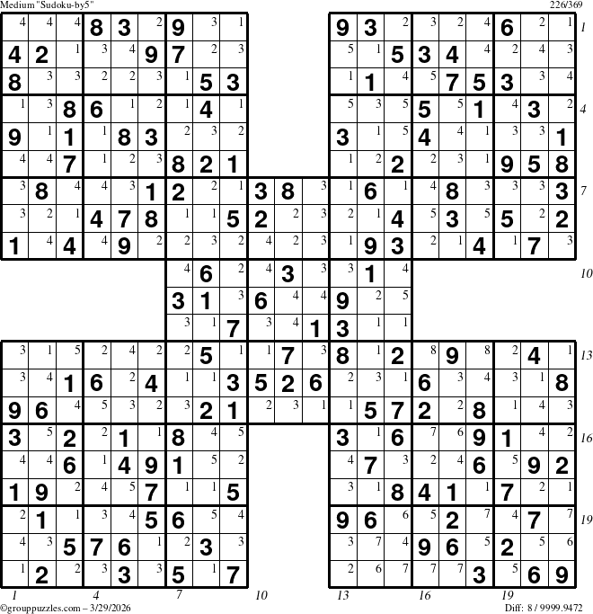 The grouppuzzles.com Medium Sudoku-by5 puzzle for Sunday March 29, 2026 with all 8 steps marked