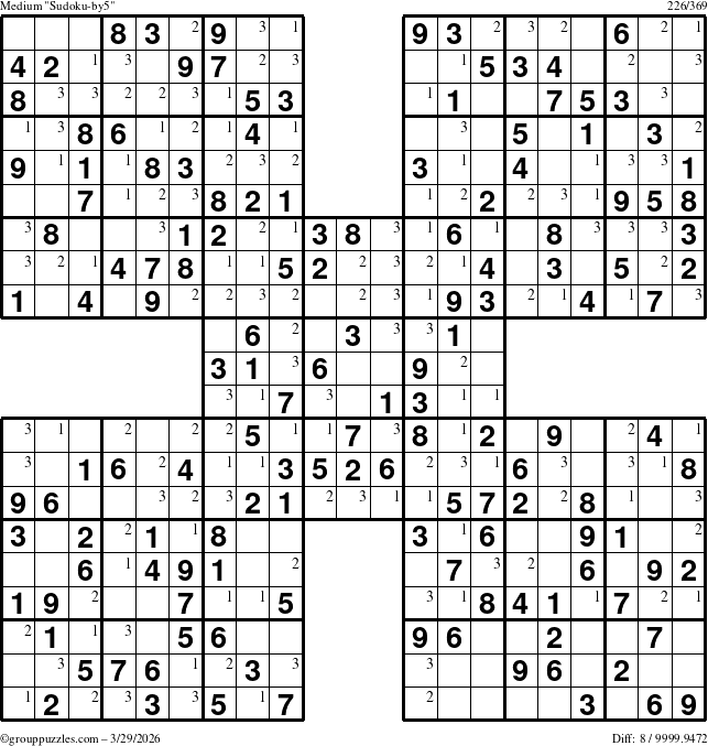 The grouppuzzles.com Medium Sudoku-by5 puzzle for Sunday March 29, 2026 with the first 3 steps marked
