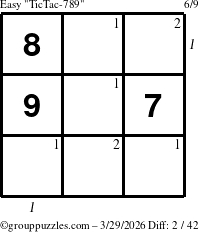 The grouppuzzles.com Easy TicTac-789 puzzle for Sunday March 29, 2026 with all 2 steps marked