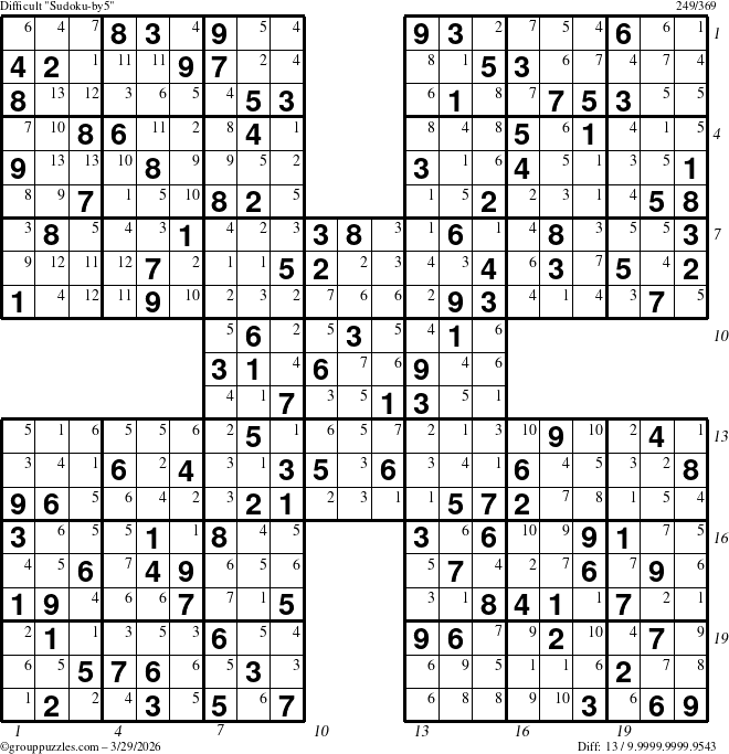 The grouppuzzles.com Difficult Sudoku-by5 puzzle for Sunday March 29, 2026, suitable for printing, with all 13 steps marked
