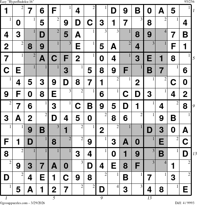 The grouppuzzles.com Easy HyperSudoku-16 puzzle for Sunday March 29, 2026 with all 4 steps marked