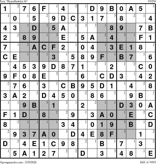 The grouppuzzles.com Easy HyperSudoku-16 puzzle for Sunday March 29, 2026 with the first 3 steps marked