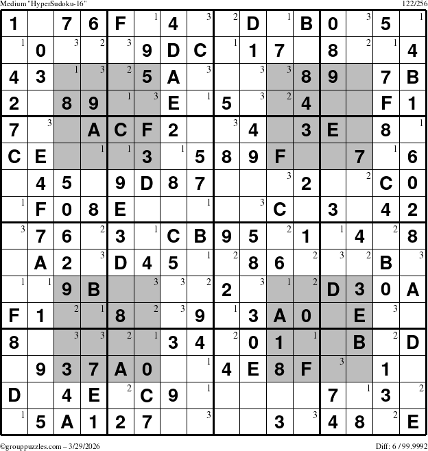 The grouppuzzles.com Medium HyperSudoku-16 puzzle for Sunday March 29, 2026 with the first 3 steps marked