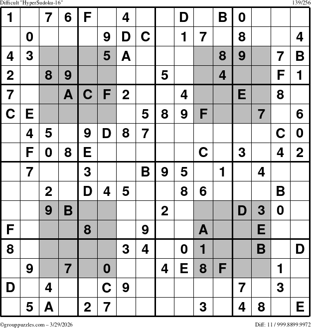 The grouppuzzles.com Difficult HyperSudoku-16 puzzle for Sunday March 29, 2026