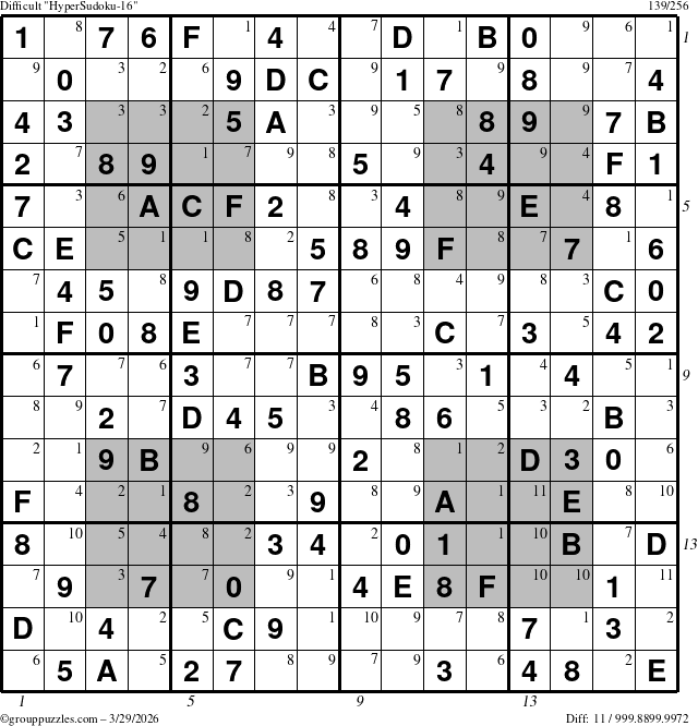The grouppuzzles.com Difficult HyperSudoku-16 puzzle for Sunday March 29, 2026, suitable for printing, with all 11 steps marked