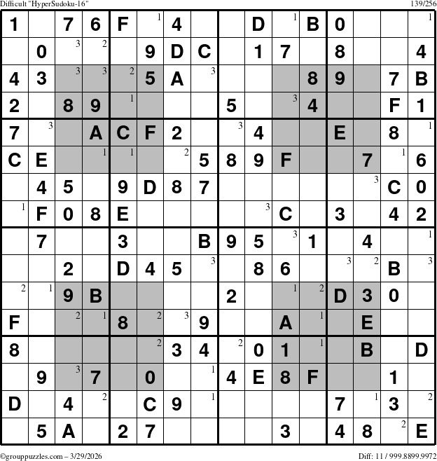 The grouppuzzles.com Difficult HyperSudoku-16 puzzle for Sunday March 29, 2026 with the first 3 steps marked
