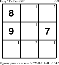The grouppuzzles.com Easy TicTac-789 puzzle for Sunday March 29, 2026 with the first 2 steps marked
