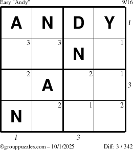 The grouppuzzles.com Easy Andy puzzle for Wednesday October 1, 2025 with all 3 steps marked
