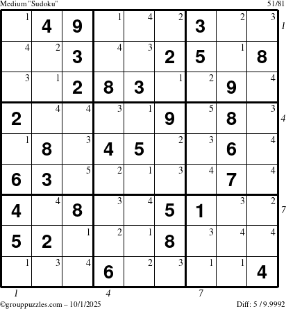 The grouppuzzles.com Medium Sudoku puzzle for Wednesday October 1, 2025, suitable for printing, with all 5 steps marked