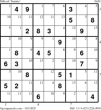 The grouppuzzles.com Difficult Sudoku puzzle for Wednesday October 1, 2025 with all 13 steps marked