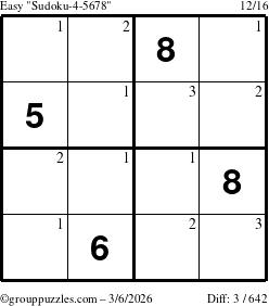 The grouppuzzles.com Easy Sudoku-4-5678 puzzle for Friday March 6, 2026 with the first 3 steps marked