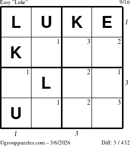 The grouppuzzles.com Easy Luke puzzle for Friday March 6, 2026 with all 3 steps marked