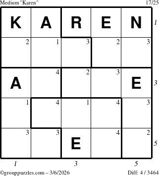 The grouppuzzles.com Medium Karen puzzle for Friday March 6, 2026 with all 4 steps marked
