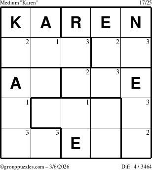 The grouppuzzles.com Medium Karen puzzle for Friday March 6, 2026 with the first 3 steps marked