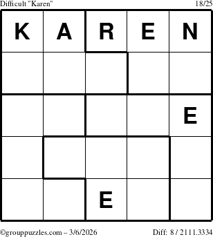 The grouppuzzles.com Difficult Karen puzzle for Friday March 6, 2026