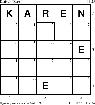 The grouppuzzles.com Difficult Karen puzzle for Friday March 6, 2026, suitable for printing, with all 8 steps marked