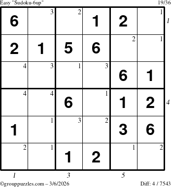 The grouppuzzles.com Easy Sudoku-6up puzzle for Friday March 6, 2026, suitable for printing, with all 4 steps marked